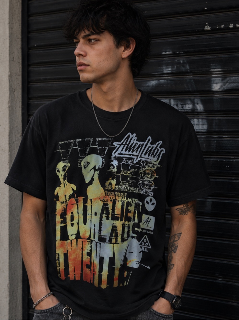 Alienslab Men’s Black Graphic Tee - Multicolor Print